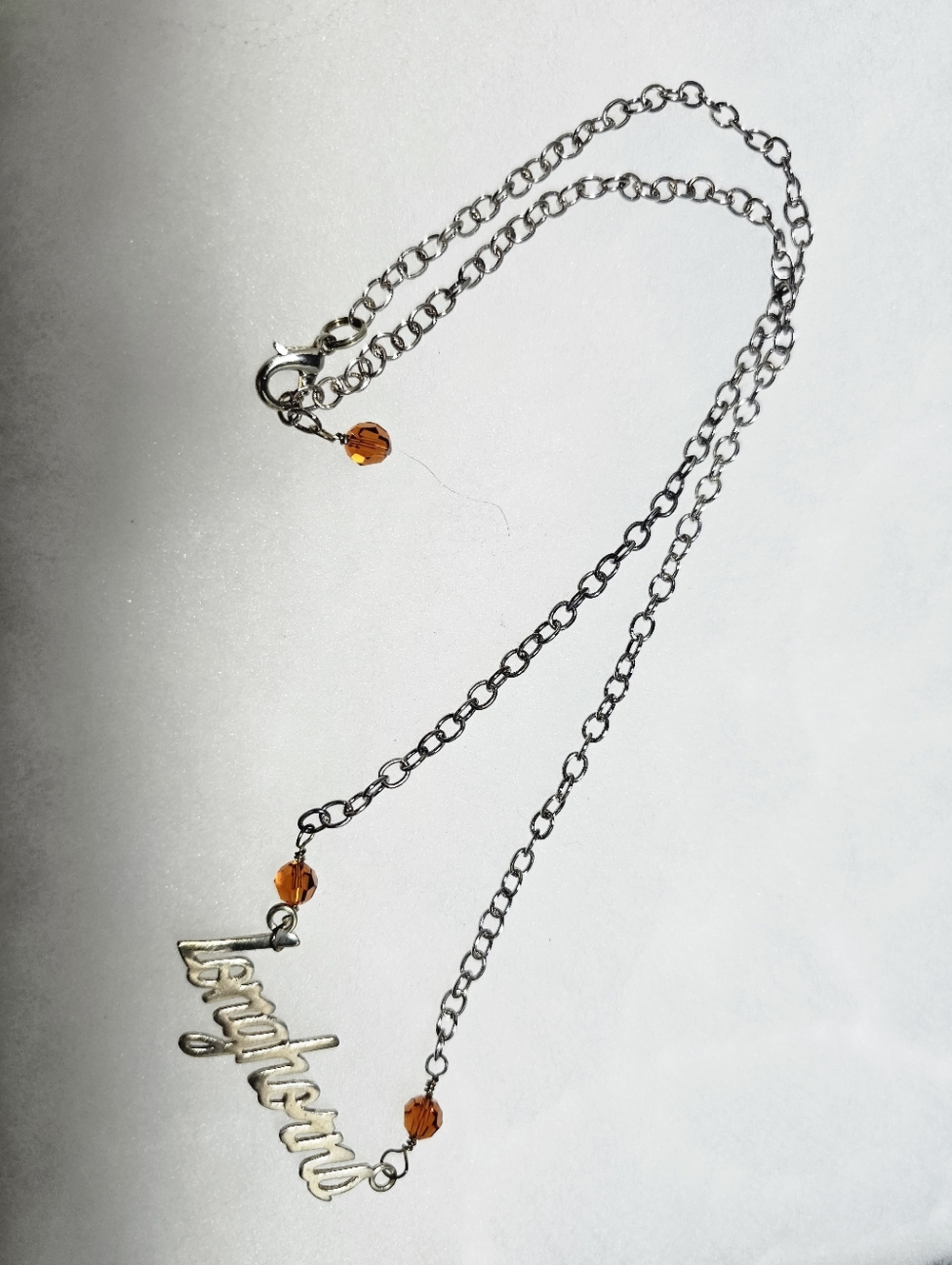 Long Horn UT Script Nameplate Necklace with Swarovski Amber Beads